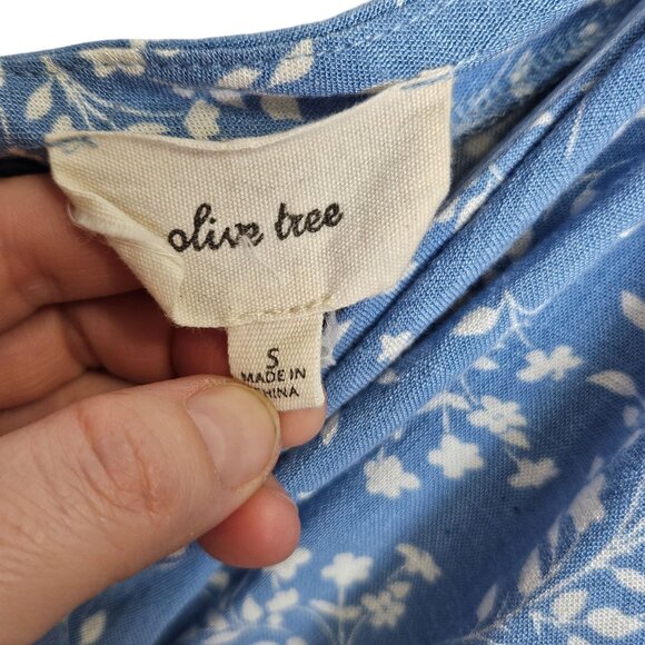 Blue & White Floral Smocked Mini‎ Dress S Ruffle Hem By Olive Tree Cottagecore - Picture 3 of 8